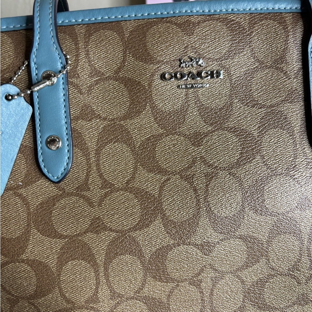 Coach Brown Signature Tote with Light Blue Trim